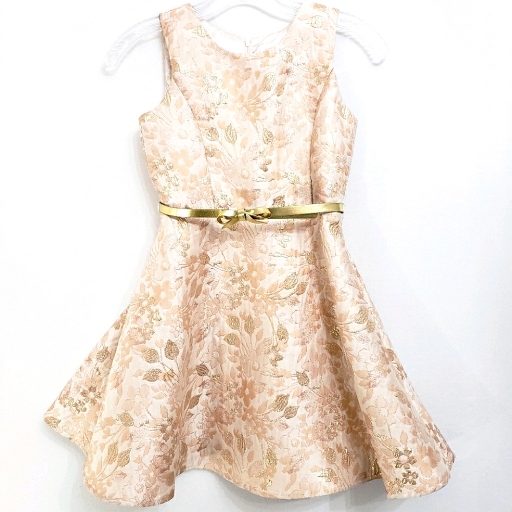 Place Peach/Gold Jacquard Floral Party Dress